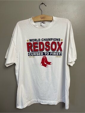 Vintage 2004 Boston Red Sox World Series Champions White T-Shirt cursed to first
